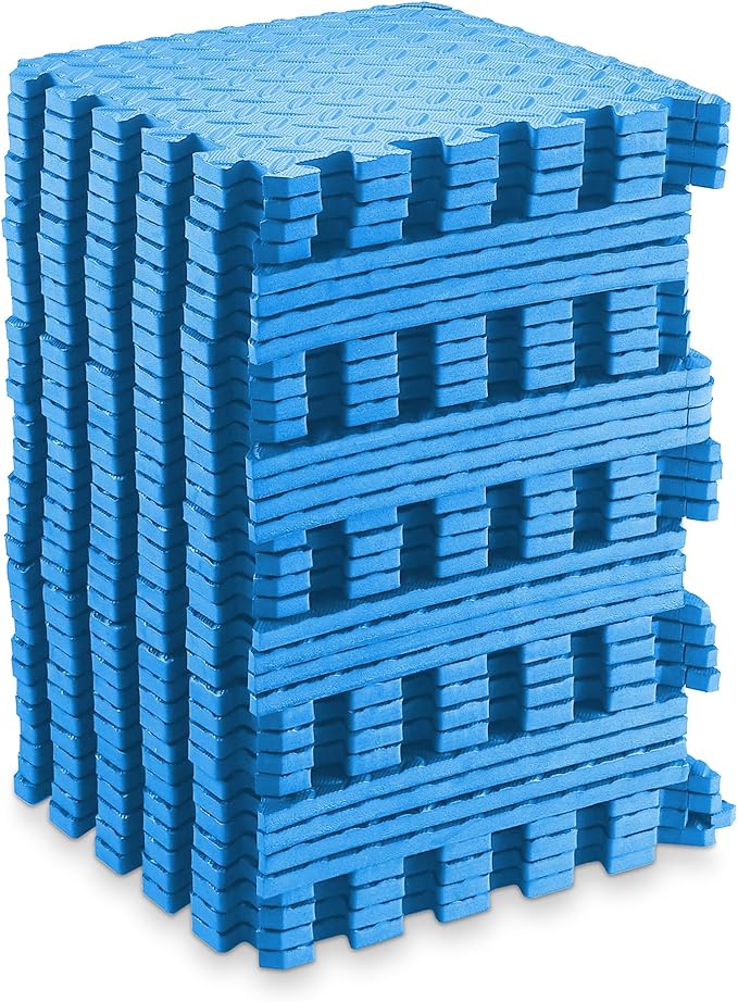 Philosophy Gym Pack of 36 Exercise Flooring Mats - 12 x 12 Inch Foam Rubber Interlocking Puzzle Floor Tiles - Blue