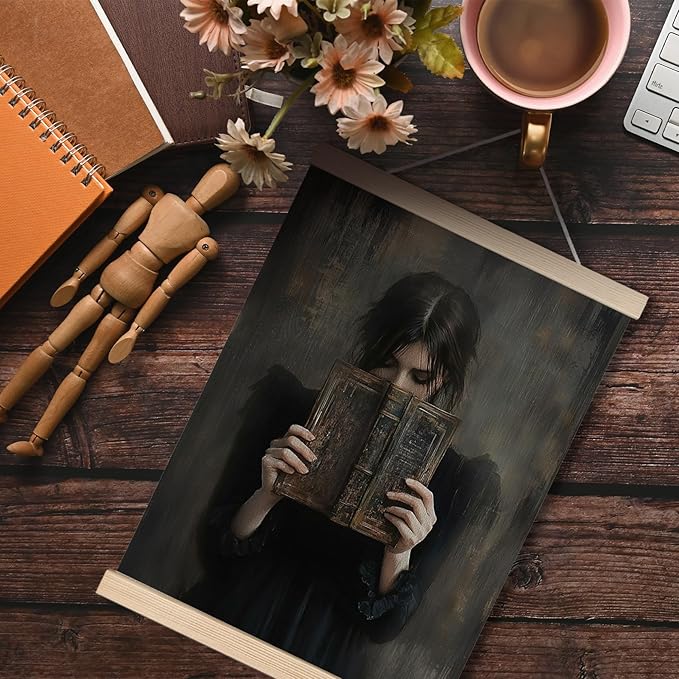 Gothic Victorian Woman Book Canvas Wall Art Poster, Reading Nook Corner Decor, Moody Dark Academia Bookish Wall Decor Prints for Library Reading Room Classroom Home, 12x16 Inches