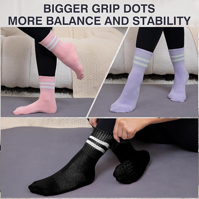 Raylarnia Tall Pilates Socks with Grips for Women, Yoga Crew Non-Slip, Grippy Ankle Barre Sock, Hospital Sticky Socks 5 Pairs