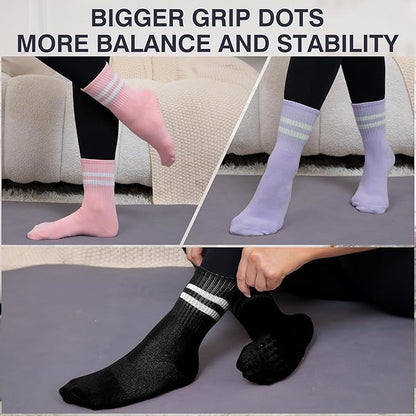 Raylarnia Tall Pilates Socks with Grips for Women, Yoga Crew Non-Slip, Grippy Ankle Barre Sock, Hospital Sticky Socks 5 Pairs