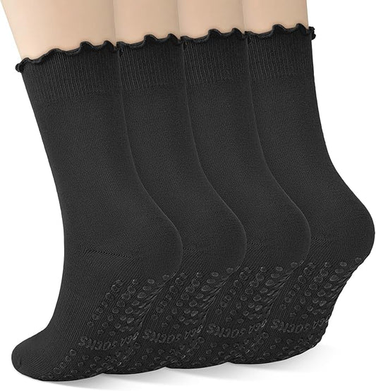 4 Pairs Pilates Socks with Grips for Women Yoga Ruffle Cute Grip Socks Pilates Non Slip Crew Ballet Hospital Workout