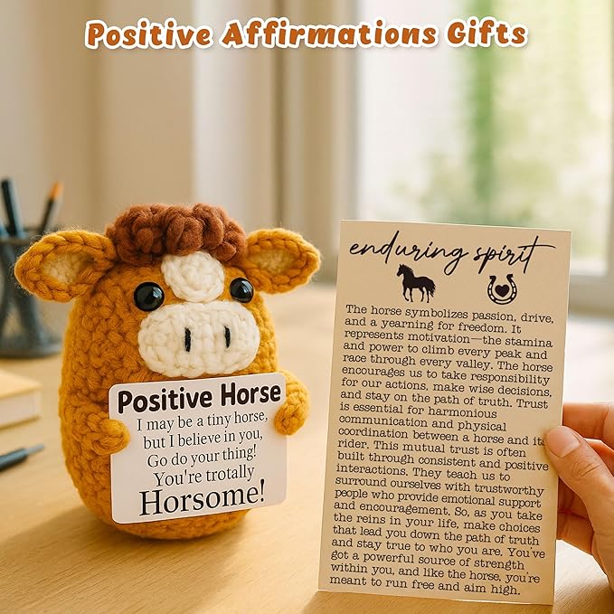 Mini Encouragement Gifts for Her Him, Handmade Motivational Inspirational Uplifting Mental Health Positive Affirmation Support Gift for Women Men Friend Coworker Teens, Crochet Horse