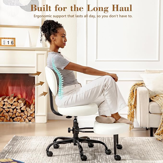 Ergonomic Cross Legged Office Chair with Wheels - Adjustable Height for Meditation, ADHD Desk & Yoga - Wide Criss Cross Design with Lumbar Support, Kneeling Chair - White