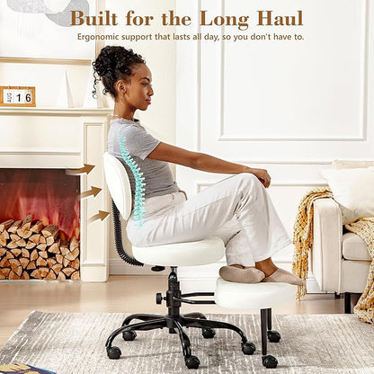 Ergonomic Cross Legged Office Chair with Wheels - Adjustable Height for Meditation, ADHD Desk & Yoga - Wide Criss Cross Design with Lumbar Support, Kneeling Chair - White