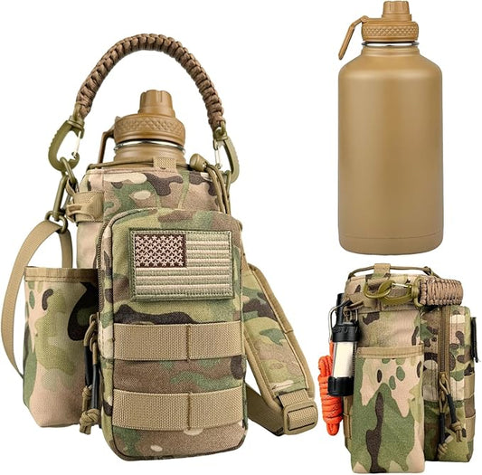 64 oz Insulated Water Bottle with Molle Sleeve-Tactical Half Gallon Stainless Steel Water Bottle with Strap&Paracord Handle for Gym Workout Hiking Hunting CP Camo