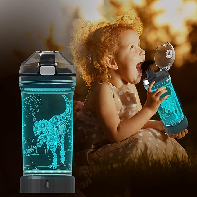 Lightzz Dinosaur Water Bottle, Dinosaur Toys for Kids 5-7 8-12 with 3D Glowing Light, 14 OZ Tritan BPA Free Cup, Dinosaur Gifts for Boys School Kid Child Holiday Camping Picnic