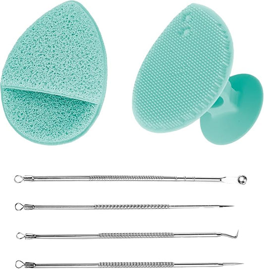 Bella Ciao 6-in-1 Facial Skin Care Products, Makeup Remover, Exfoliating Brush, 4-Piece Blackhead Removal Kit, Complete Skincare Set, Deep Facial Cleansing Brush (Blue)