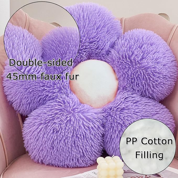 MorroMorn Flower Pillow Shaped Throw Pillows, 20" Floor Pillow Butt Cushion - Fluffy Shaggy Daisy Floral Decorative Pillows for Bed Couch Sofa Chair Cute Plush Faux Fur Room Decor (Lavender)