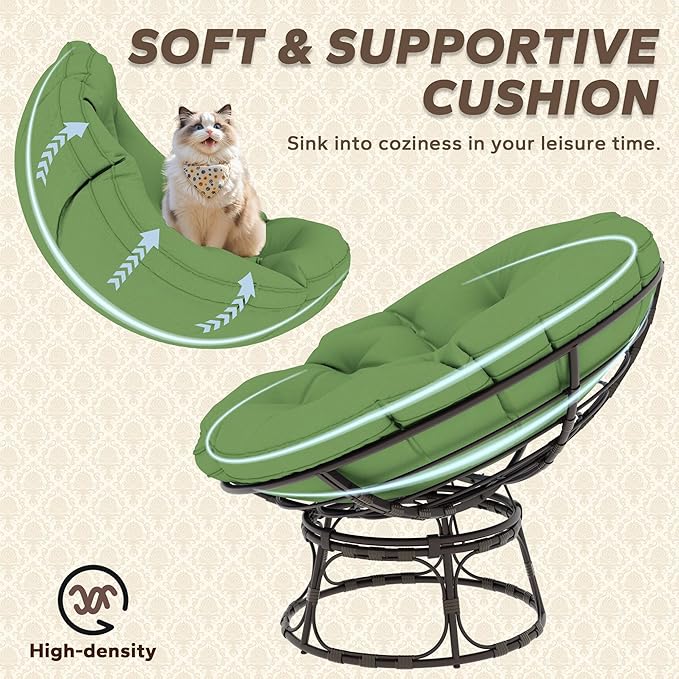 46'' Large Size Papasan Chair with Cushion and Frame, Lazy Chair for Living Room and Bedroom, Green