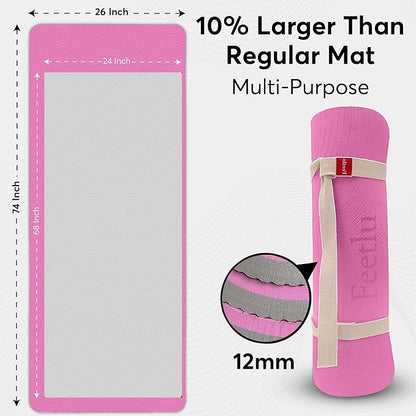 Extra Thick 12mm Exercise Mat – Non-Slip, Joint-Friendly & Cushioned Fitness Mat for Yoga, Pilates & Floor Workouts – Durable, Supportive & Includes Feetlu Classic Strap