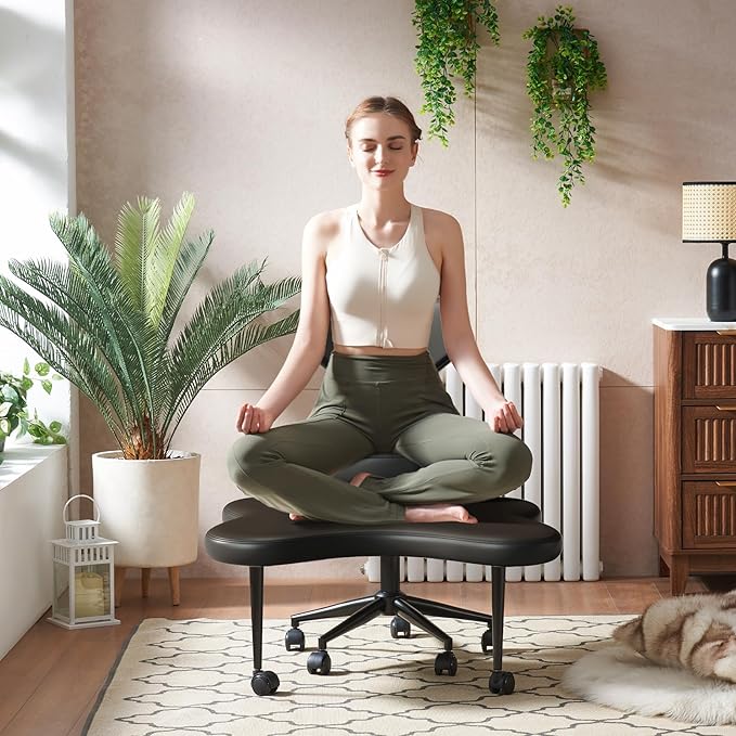 Ergonomic Cross Legged Chair, 360° Swivel Meditation Chair with Wheels, Height Adjustable Seat for ADHD, Strong Lumbar Support, Chic Home Office Furniture, PU Leather, Black