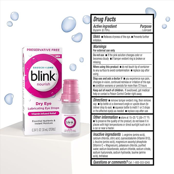 BLINK Nourish Preservative-Free Lubricating Eye Drops, with Glycerin for Instant Hydration, Vitamin Infused Relief, Replenishes and Refreshes Eyes, 0.33 FL Oz