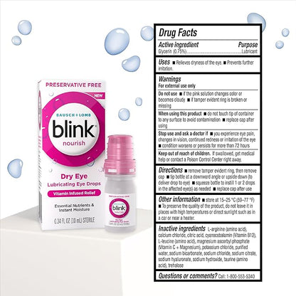 BLINK Nourish Preservative-Free Lubricating Eye Drops, with Glycerin for Instant Hydration, Vitamin Infused Relief, Replenishes and Refreshes Eyes, 0.33 FL Oz