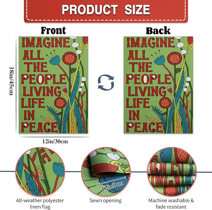 Imagine All The People Living Life in Peace Garden Flag 12x18 Inch Be Kind Garden Flags Peace Floral Sign flag for Outside Indoor House Yard Outdoor Lawn Decor