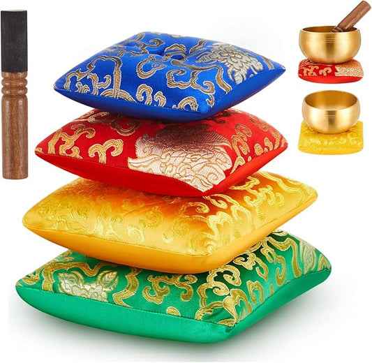 5 Pcs Singing Bowl Cushion Set 4 Tibetan Satin Singing Bowl Cushion with Wood Mallet for 4-8 Inch Tibetan Sound Bowls Meditation Accessories(Sound Bowls Not Included)