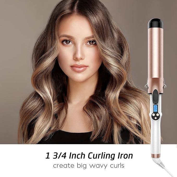 Hoson 1 3/4 Inch Curling Iron Large Barrel, 1.75 Long Barrel Curling Wand Dual Voltage, Ceramic Tourmaline Coating with LCD Display, Glove Include