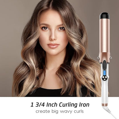 Hoson 1 3/4 Inch Curling Iron Large Barrel, 1.75 Long Barrel Curling Wand Dual Voltage, Ceramic Tourmaline Coating with LCD Display, Glove Include