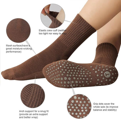 Toes Home Pilates Socks for Women with Non Slip Grippers, Yoga Crew Socks for Barre Hospital Sticky Slipper Socks 4 Pairs