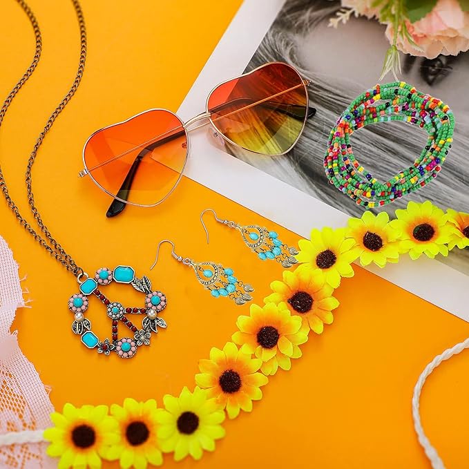 5 Pcs Hippie Costume Accessories Set Women, 60s 70s Party Dressing Accessory Peace Sign Necklace Party Decorations for Party