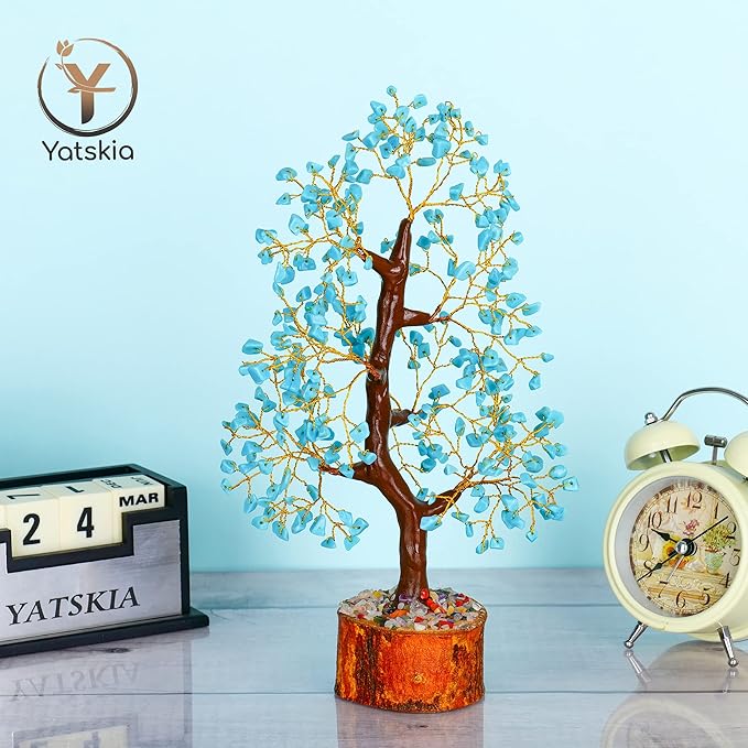 YATSKIA Turquoise Crystal Bonsai Tree Sculpture, Handmade 7 Chakra Healing Pendant Necklaces, Home Decor, Tabletop Display, 8x8x25cm, 1-2lbs