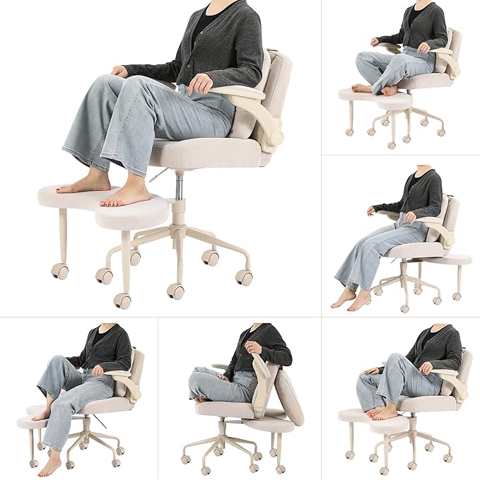 Meditation Cross Legged Armchair, ADHD Chair with Adjustable Armrests, Criss Cross Desk Chair with Flexible Back Cushion, Swivel Footrest, Arm Support and Wheels for Home Office, Cocoa