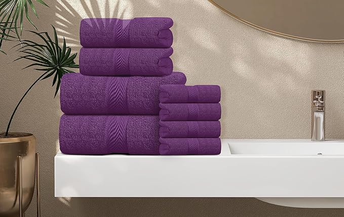 Oakias Premium Towel Set 600 GSM 8 Piece Plum - 100% Ring Spun Cotton Highly Absorbent Towels Set - Super Soft Bathroom Towel Set - Hotel Quality Double Stitched Hem - Ideal for Hotels, Spa, Gyms
