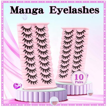 Losha Lashes Spiky Manga Lashes 10 Pairs Anime False Eyelashes 8D Wispy Eye Lashes Pack Soft Asian Fake Eyelashes (Doll)