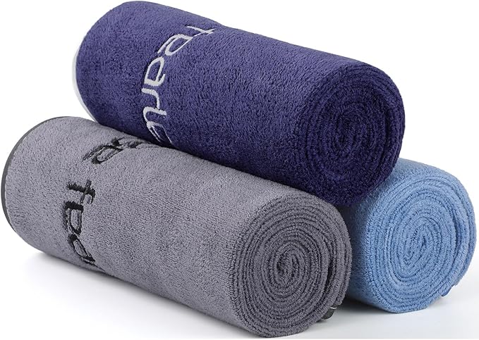 Microfiber Gym Towels Bigger Size Super Soft for Exercise Fitness, Sports, Workout, 380-GSM 15-Inch x 31-Inch Quick-Drying Towels (3 Pack, Grey+Blue+Navy Blue)