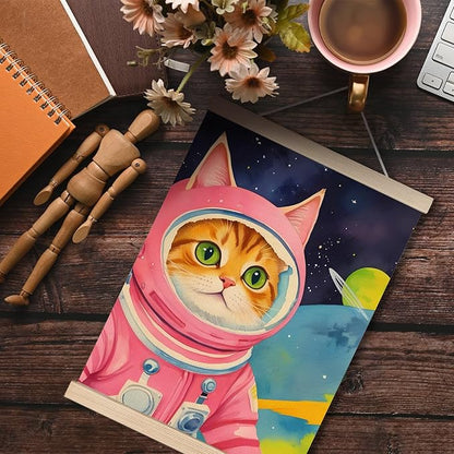 Pink Astronaut Cat Wall Art Poster Framed, Cat Poster for Girls Kids Room Nursery Decor, Whimsical Outer Space Cute Kitten Canvas Wall Art Prints, 12x16 Inches