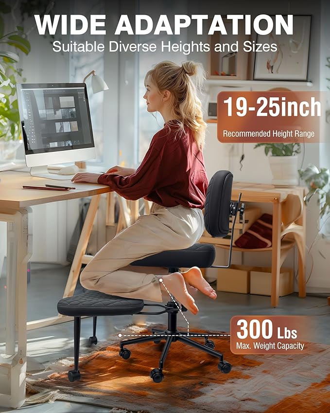 PYY Cross Legged Office Chair - Upgraded Durable Tech Fabric Meditation ADHD Office Chair w/Wheels, SGS Gas Rod, Load Capacity 300LBS, Squatting Kneeling Fidget Chair for Home & Office, Black