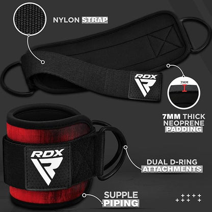 RDX Ankle Straps for Cable Machines – 7MM Neoprene Padded 10"x4" Adjustable Gym Cuffs with Dual D-Rings – Weight Attachments for Wrist Glutes Leg Kickbacks Hip Abduction Strength Workouts – Men Women