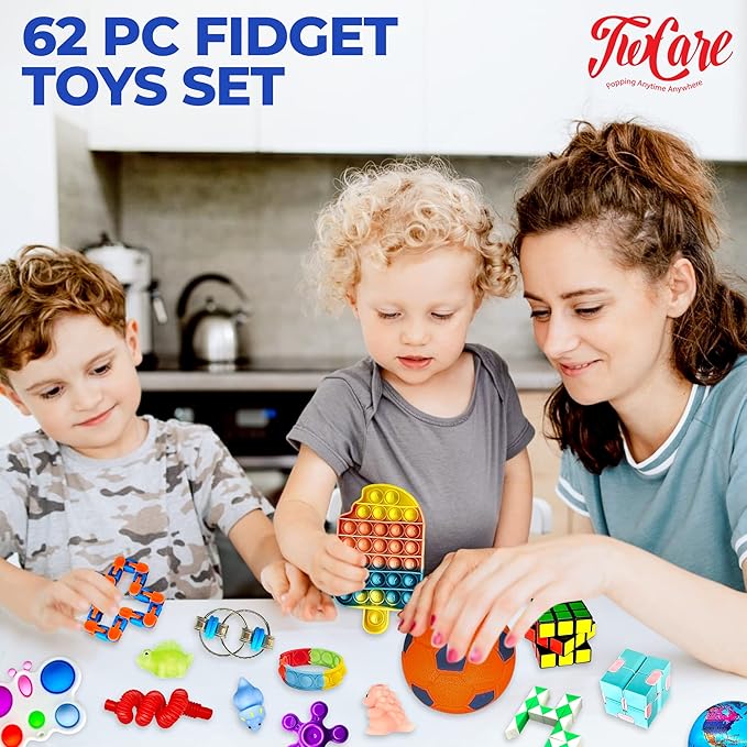 62 Pack Fidget Toys Set, Sensory Party Favors Gifts for Kids Adults Stress Relief Stocking Stuffers Pop It Autism Autistic Bulk Boys Girls Goodie Bags Treasure Box Classroom Prizes