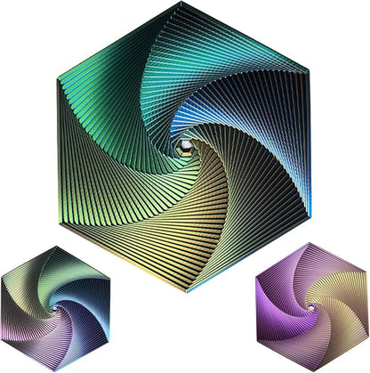 Fractal Fidget Hexagon, Kinetic Desk Spinning Toy, 35 Circles、5.9x6.69in, Used for Anxiety Disorder ADHD, Adult Office Visual Illusion fingertip Toys, 1 pc (Yellow-Blue-Green)