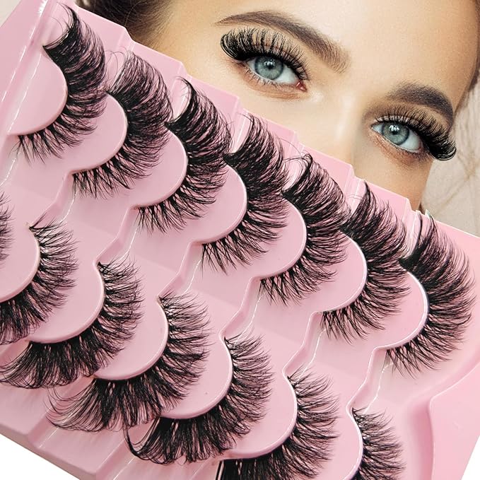 MIKIWI Wispy Strip Lashes Clear Band Fluffy Faux Mink Eyelashes Cat Eye Lashes 7 Pairs False Eyelashes（GL01）