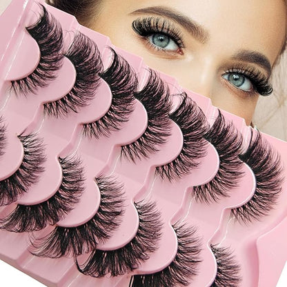 MIKIWI Wispy Strip Lashes Clear Band Fluffy Faux Mink Eyelashes Cat Eye Lashes 7 Pairs False Eyelashes（GL01）