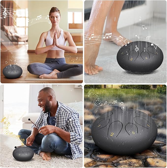 Rain Drum for Outside Garden, 6 Inches 8 Notes Steel Tongue Chakra Drums, Waterproof Echo Rain Chime Meditation Drums, Musical Instruments for Adult Gift with Bag, Music Book, Drum Mallets (Black)