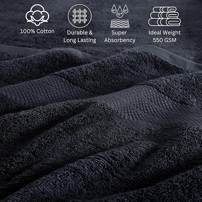 Lane Linen 100% Cotton Bathroom Towel Set - 24 Pc - Durable & Absorbent, Super Soft, Daily Use, Machine Washable - 2 Bath Sheet, 4 Bath, 4 Fingertip, 6 Hand, 8 Washcloth - For Boys, Gym & Dorm - Black