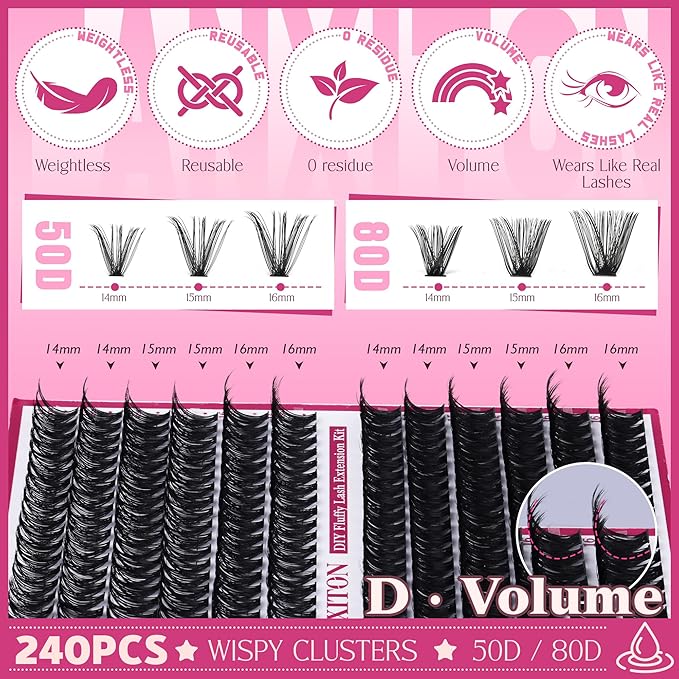 Cluster Lashes Volume Lash Clusters D Thick Eyelashes Extensions 14-16mm Mix 50D+80D Individual Lashes Thin Band Lash Bond and Seal Tweezers for DIY Lash Extension Beginners