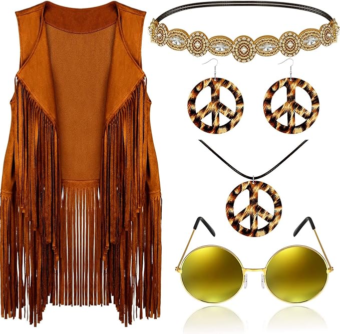 6 Pcs 60s 70s Outfits for Women Hippie Costume Set Peace Sign Earring Headband Fringe Vest Tassel Cardigan