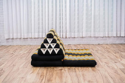 Leewadee Comfortable Japanese Floor Mattress - Thai Floor Bed with Triangle Cushion - Futon Mattress - XL Extra Wide Thai Massage Mat, 67 x 31 inches, Black Orange, Kapok Filling