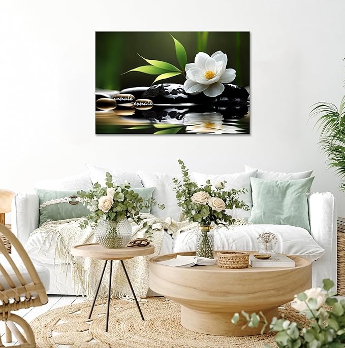 YIOZHAOFH Lotus Flower Wall Art Zen Canvas Inhale Exhale Poster Black Spas Nature Prints Pictures for Meditation Wall Decor Framed Artwork Ready to Hang (16.00" x 24.00")