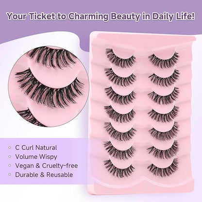 Eyelashes Natural False Lashes Wispy Lashes 14mm Eyelashes with Thin Memory Band Volume Soft Lash Strips C Curl Natural Eyelash 7 Pair EVENTILL