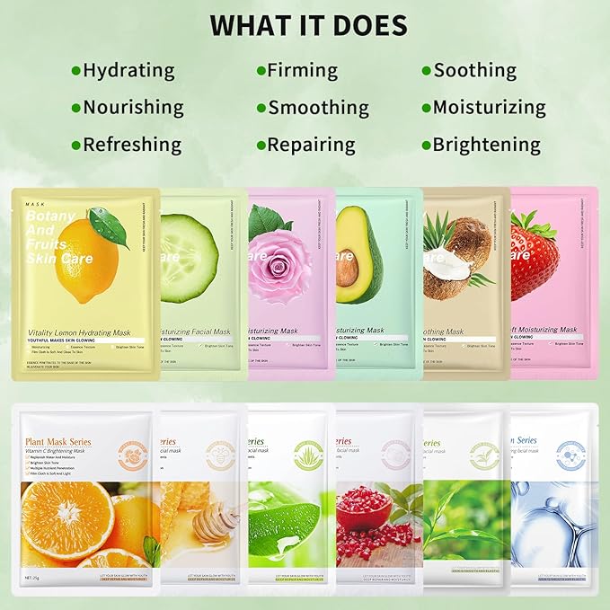 12 Pack Variety Face Masks Skincare for Women Sheet Face Mask for Kids Teens Girls, Hydrating Face Masks for All Skin Types, Bulk Face Mask Set Birthday Spa Party Gift for Kids Teens Girls Women