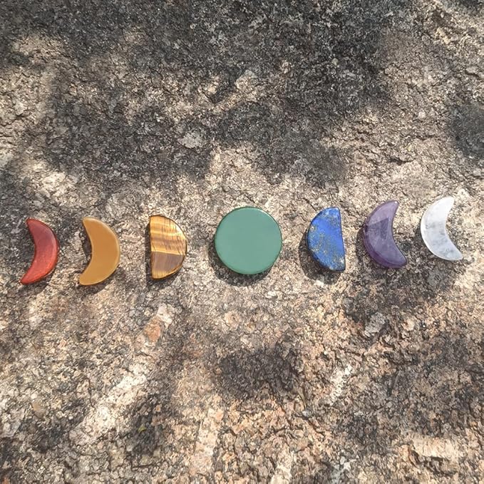 7 Chakra Stones Set Moon Phase Carved - Natural Gemstone Reiki Healing Crystal Quartz for Meditation, Healing, Collectable