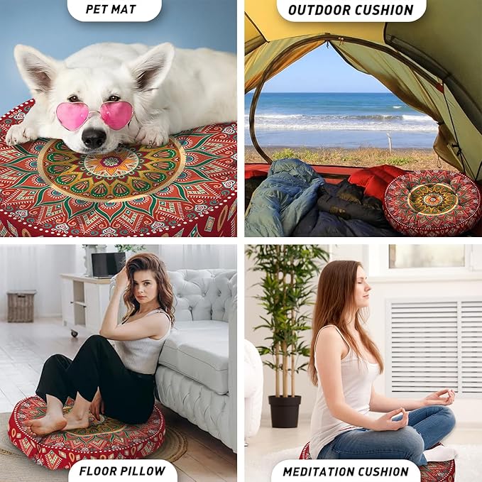 Mandala Meditation Cushion, Boho Meditation Mat, Meditation Pillows for Sitting on Floor, Cushions for Sitting in Home and Outdoor, Round Floor Pillows Cushion Seating for Yoga 22'' X 22''