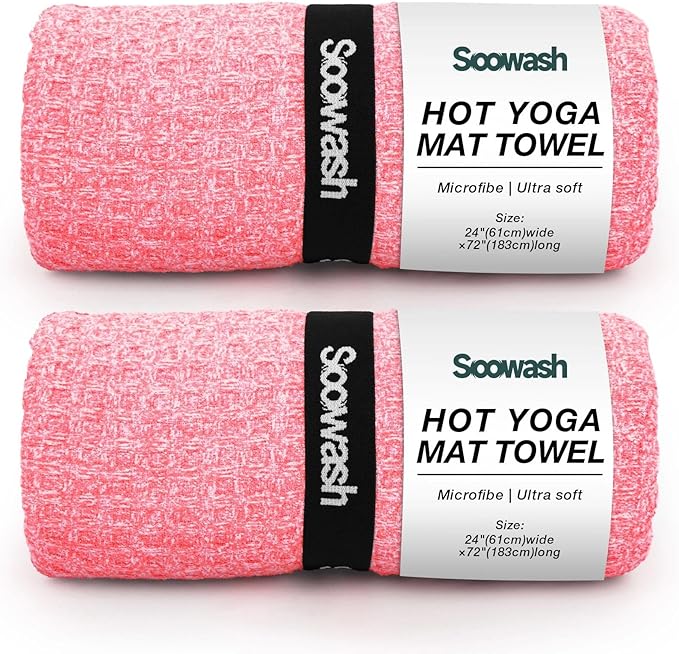 2 Pack Hot Yoga Towel Yoga Mat Towels Non Slip for Hot Yoga Stickyfiber Microfiber Quick Dry Soft Absorbent with Corner Pockets Cover Bikram Pilates Exercise Fitness 24" X 72"Pink