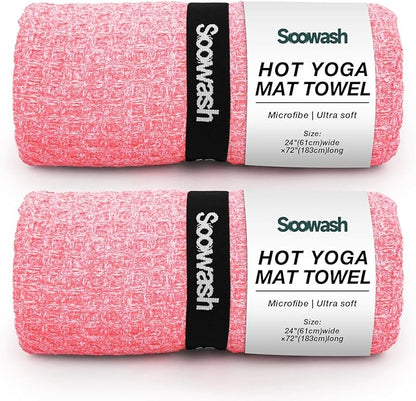 2 Pack Hot Yoga Towel Yoga Mat Towels Non Slip for Hot Yoga Stickyfiber Microfiber Quick Dry Soft Absorbent with Corner Pockets Cover Bikram Pilates Exercise Fitness 24" X 72"Pink