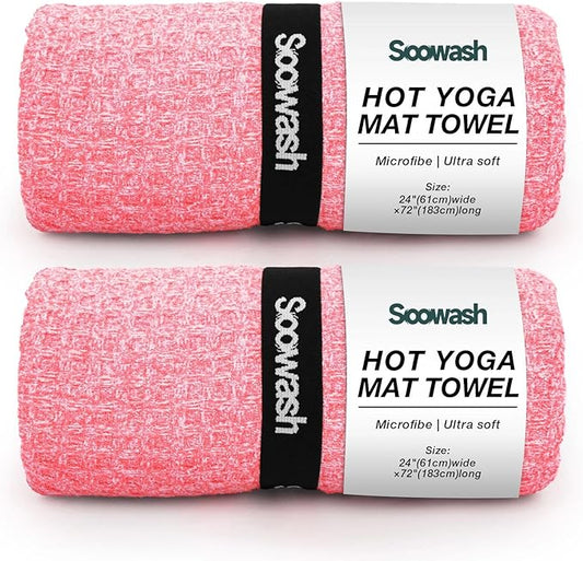 2 Pack Hot Yoga Towel Yoga Mat Towels Non Slip for Hot Yoga Stickyfiber Microfiber Quick Dry Soft Absorbent with Corner Pockets Cover Bikram Pilates Exercise Fitness 24" X 72"Pink