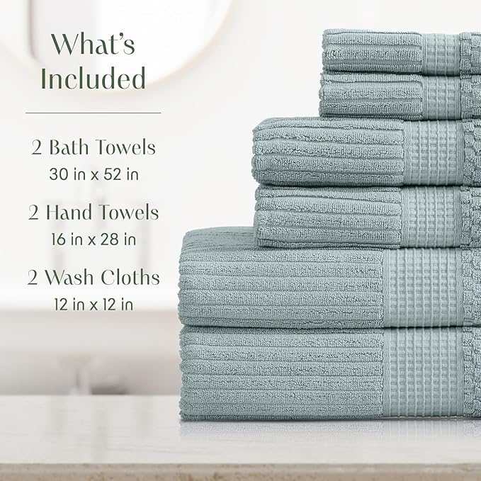 Springtree Home 100% Cotton Bath Towel Set | 6 Piece Set | Absorbent & Quick-Dry Bath Towels | Textured and Durable Cotton | Krista Collection - Silver Blue