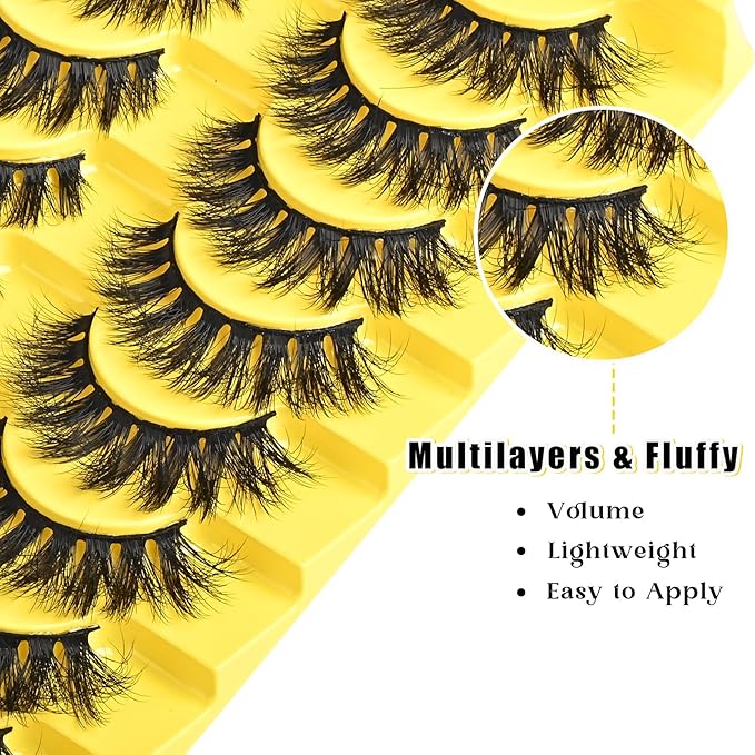 Lashes Fluffy Eyelashes Wispy False Lash Natural Mink Eyelash Strips 10 Pairs 8D Doll Eye Volume Eyelashes Reusable Thick Wispies Crossed Lash Packs Fake Strip Lashes for Women